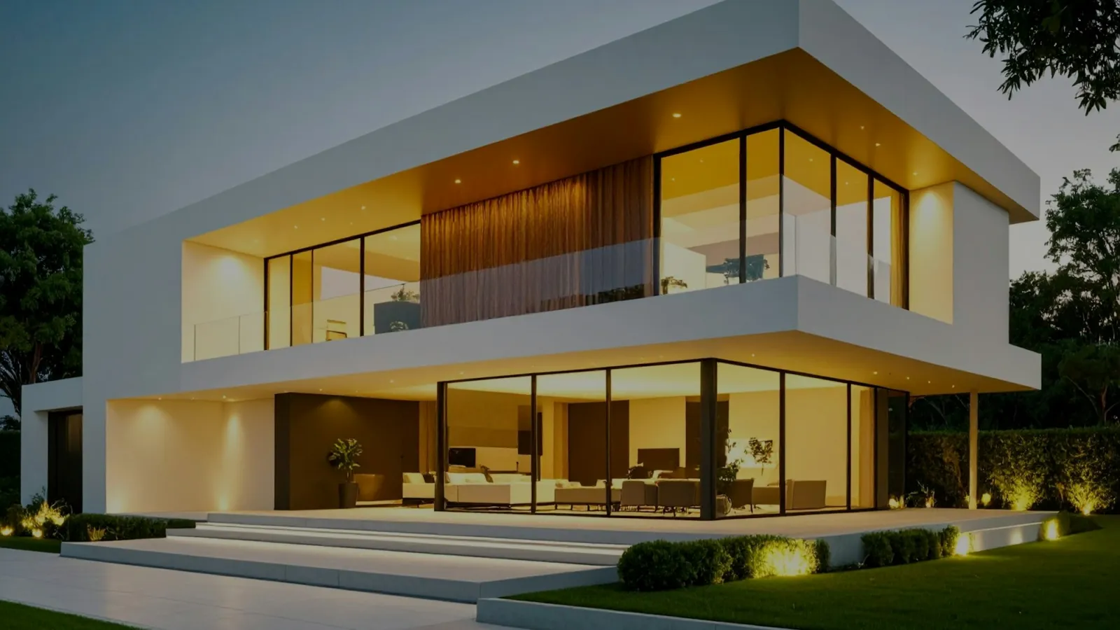 Maison contemporaine éclairée au crépuscule